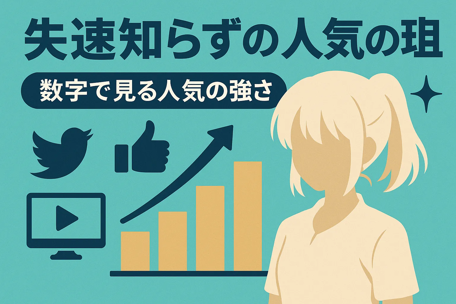 人気漫画の安定した勢いを象徴する、棒グラフとSNSアイコン、キャラクターシルエットを組み合わせた日本語のインフォグラフィック画像。 