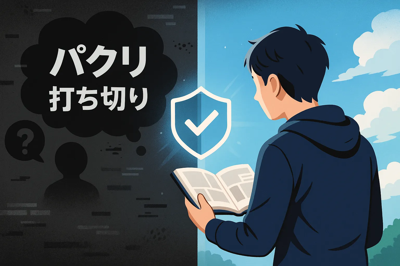 『桃源暗鬼』の噂に惑わされず漫画を楽しむ若者と、不安を象徴する影との対比を描いたイラスト 
