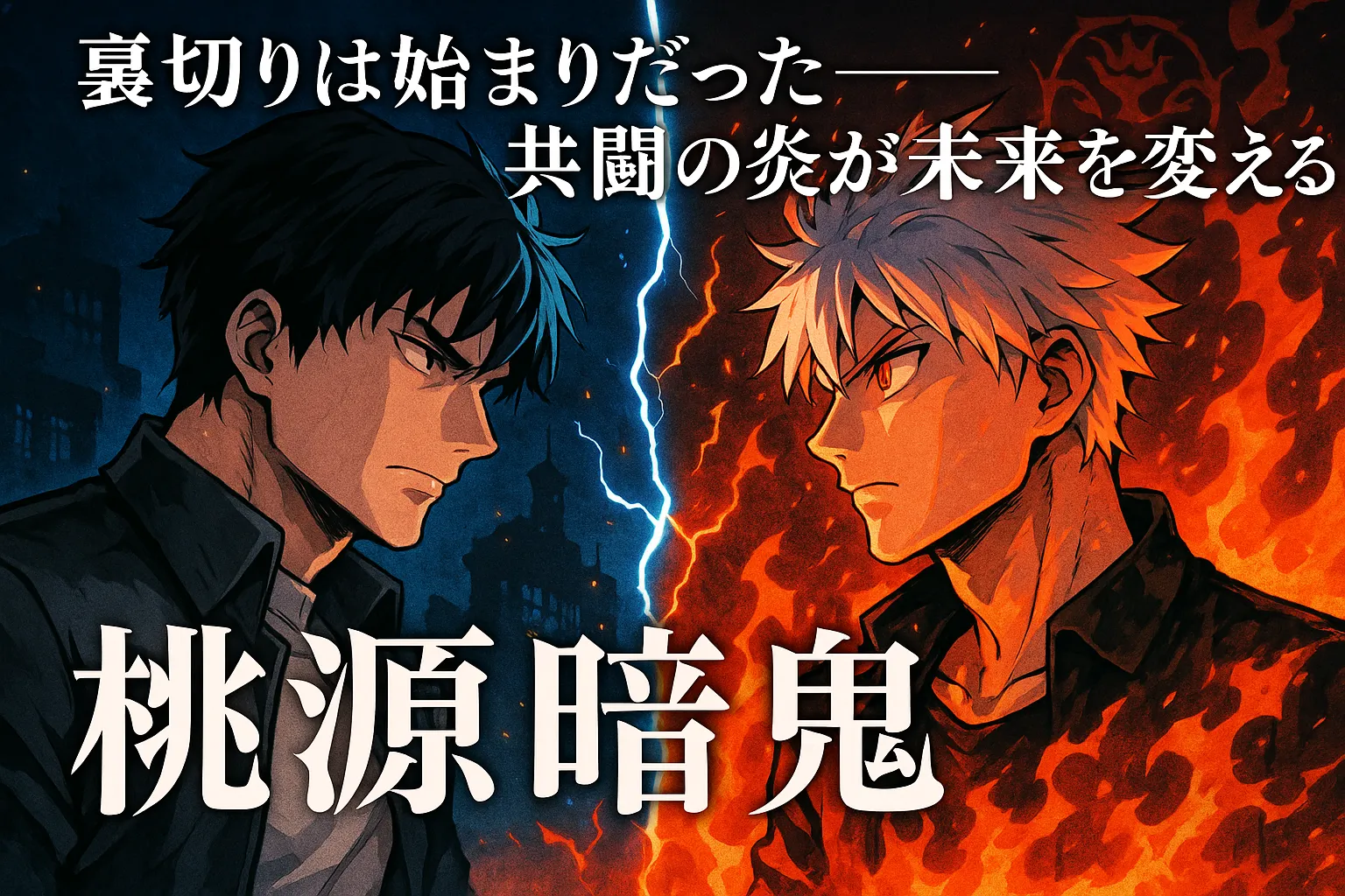 アニメ風の二人の青年が炎と雷に分かれて対峙し、「裏切りと和解」を象徴する緊迫した構図のビジュアル。