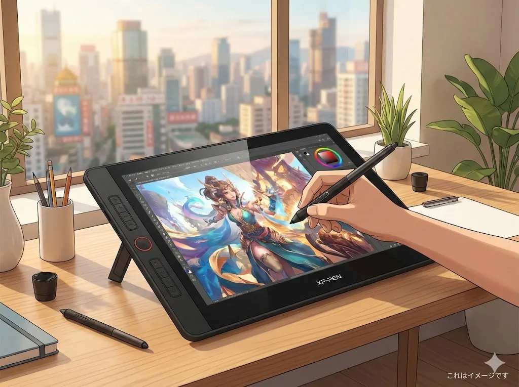 XP-PENの液晶ペンタブレットを使ってデジタルイラストを制作する様子