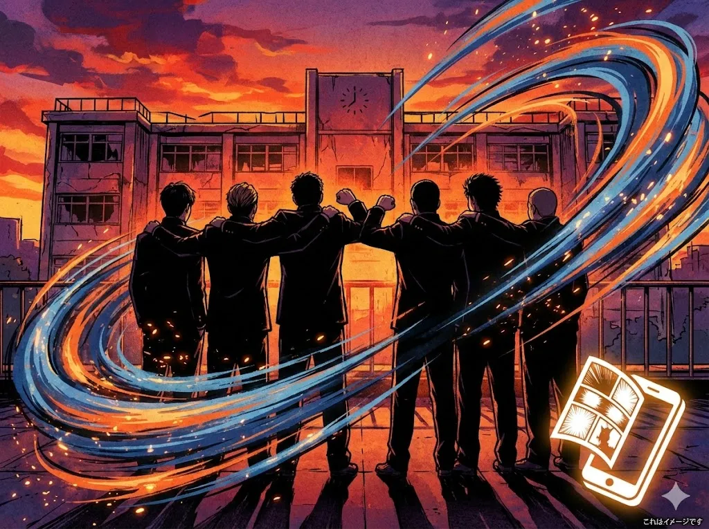 夕暮れの校舎を背景に、肩を組み合う学ラン姿の少年たちの後ろ姿と、彼らを包む熱気ある風のエフェクトを描いた、「青春と友情のヤンキー漫画」のイメージイラスト。