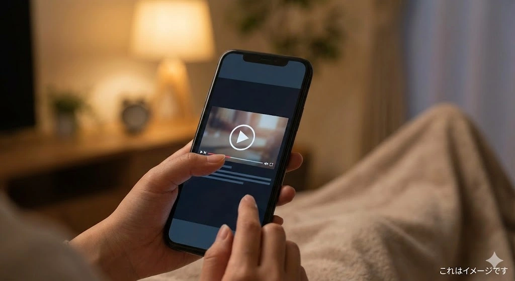 Amazonプライム・ビデオでドラマを視聴しているシーンを想起させる、スマホとリラックスした空間の画像