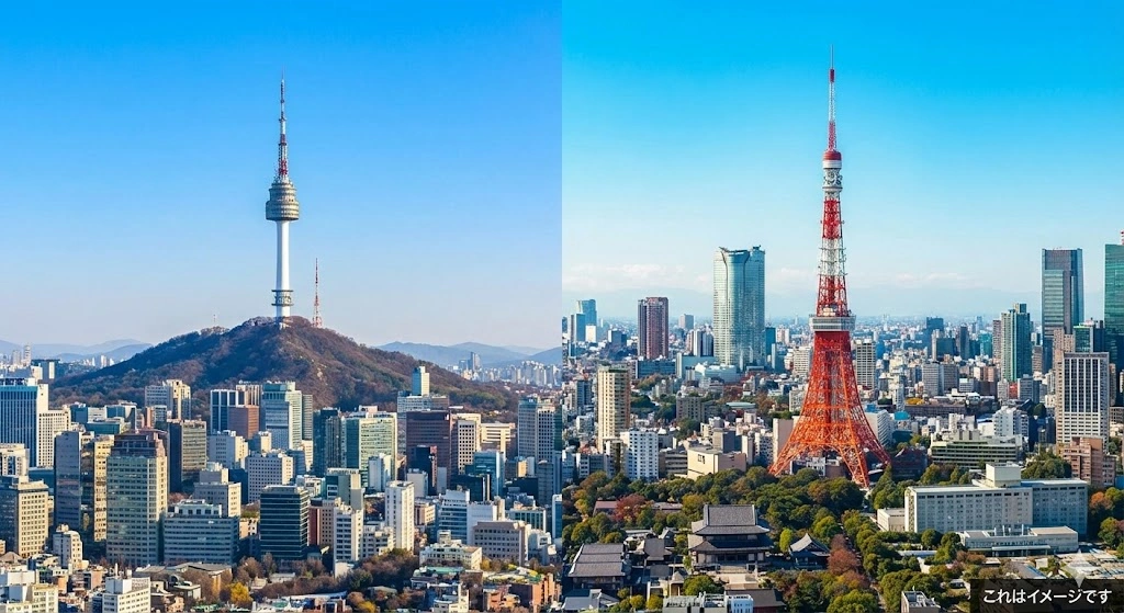 左側にソウル、右側に東京のスカイラインを配置した分割画面の画像
