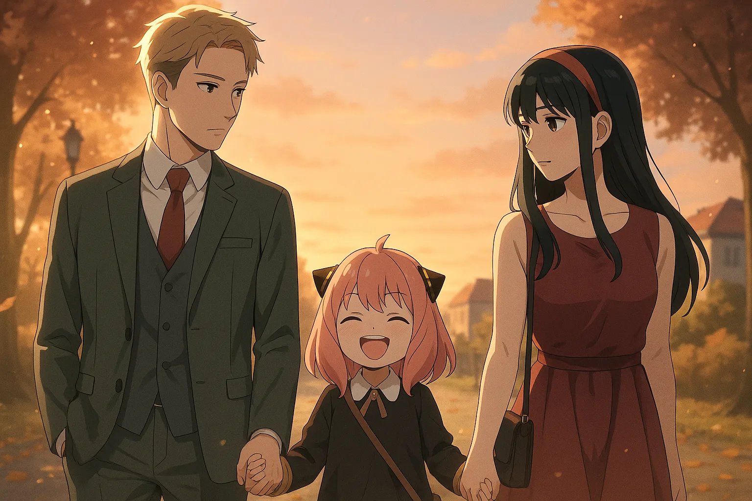 夕暮れの公園を歩く三人家族。中央の少女が笑顔で両親の手をつなぎ、温かい光に包まれながら穏やかな時間を過ごしている。