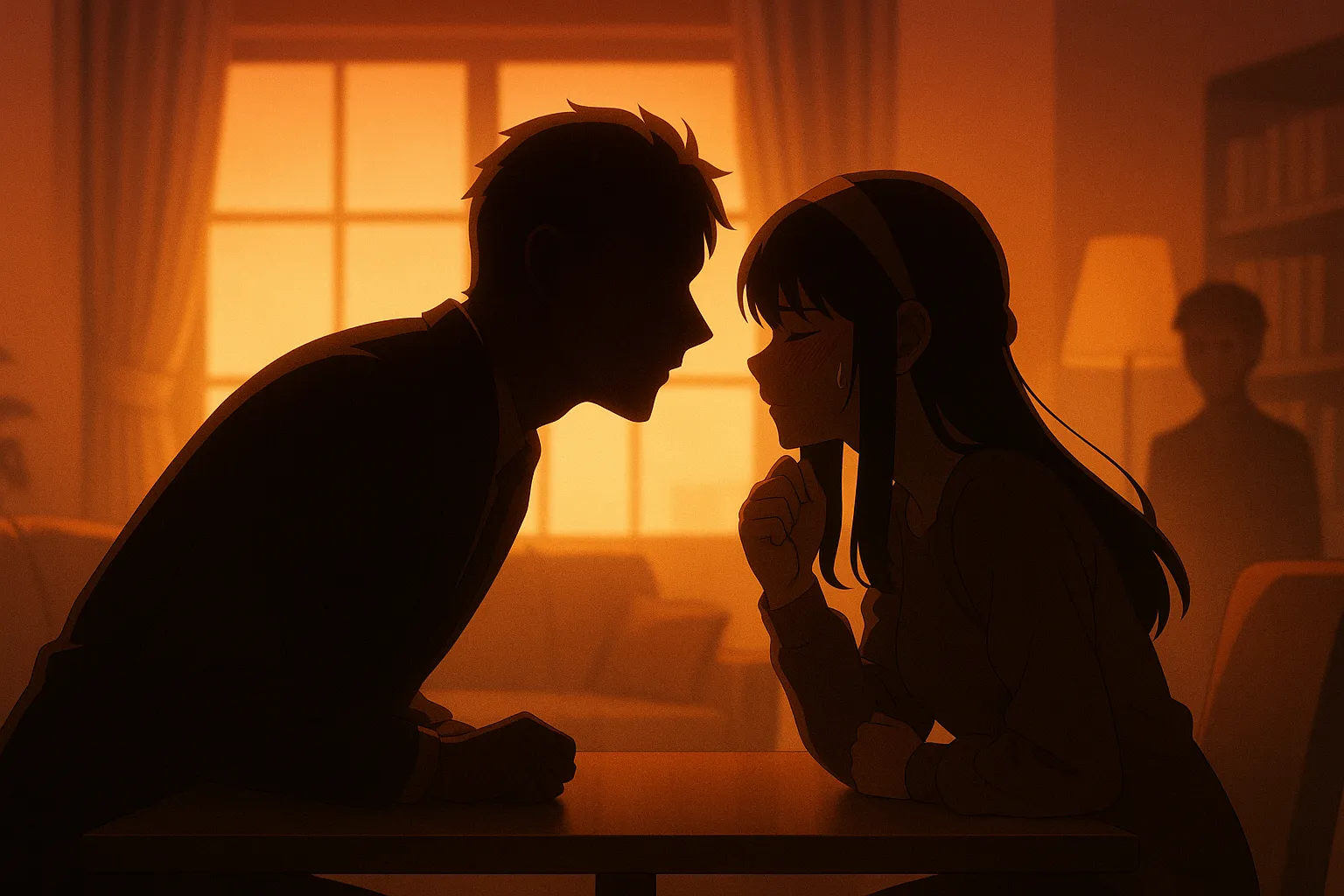 夕暮れの光に包まれたリビングで、テーブル越しにキス寸前の距離まで近づく男女のシルエットと、背景で見守るもう一人の影が描かれた緊張感のあるワンシーン